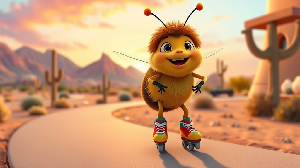 Joyful Bumblebee on Roller Skates in Pixar Style