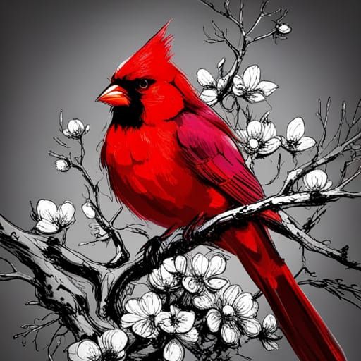 Cardinal in Blossoms: Detailed Digital Bird Art