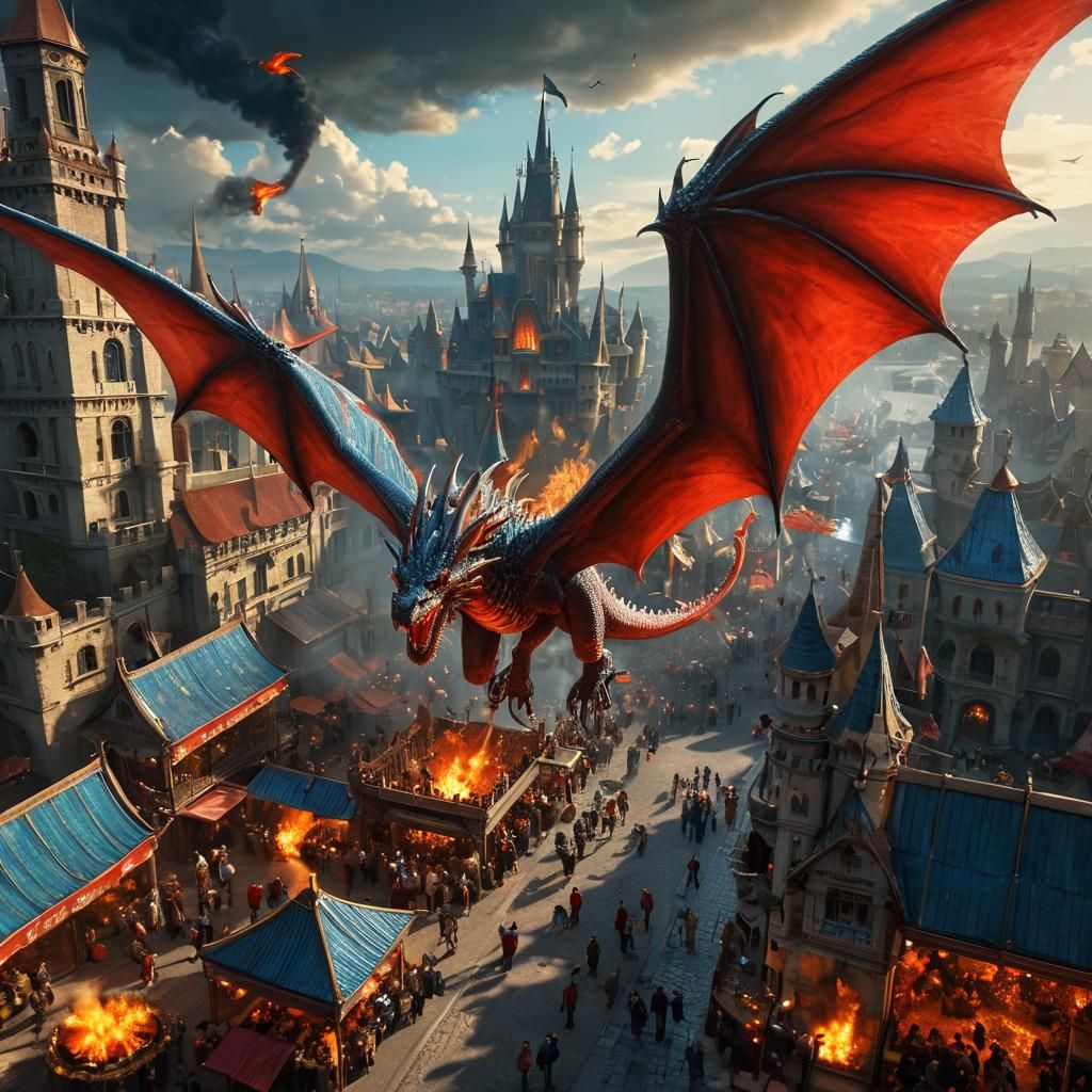 Fiery Dragon Attack on Fantasy Market