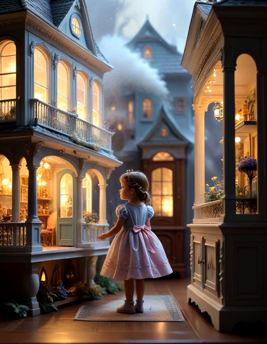 Ethereal Dollhouse Scene with Girl Arranging Furniture