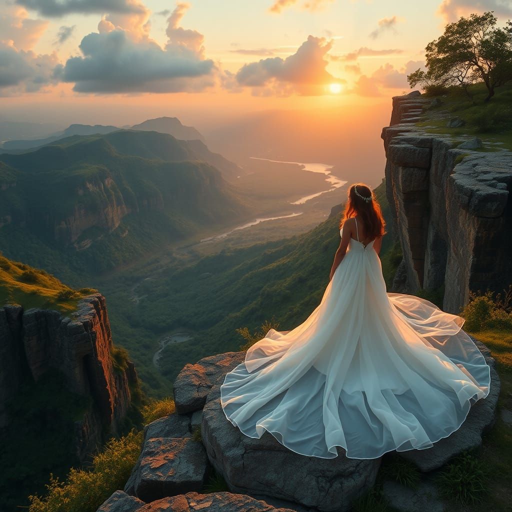Girl in Wedding Dress on Cliff at Sunset