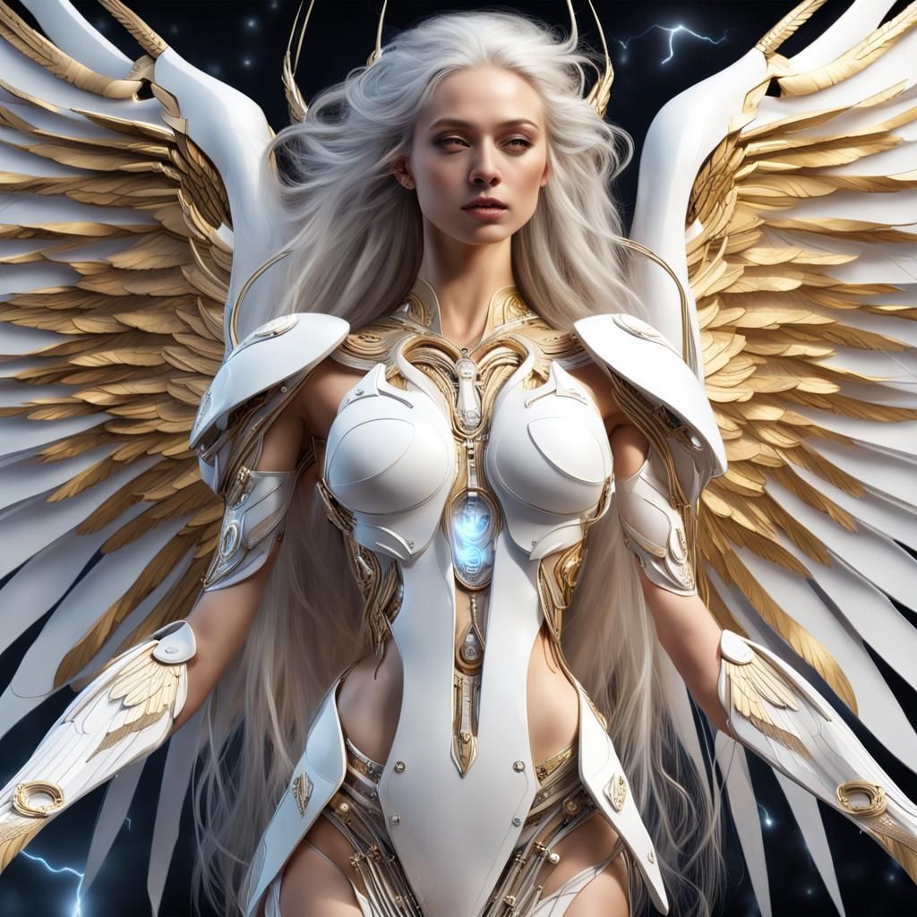 Futuristic Biomechanical Angel with White Wings