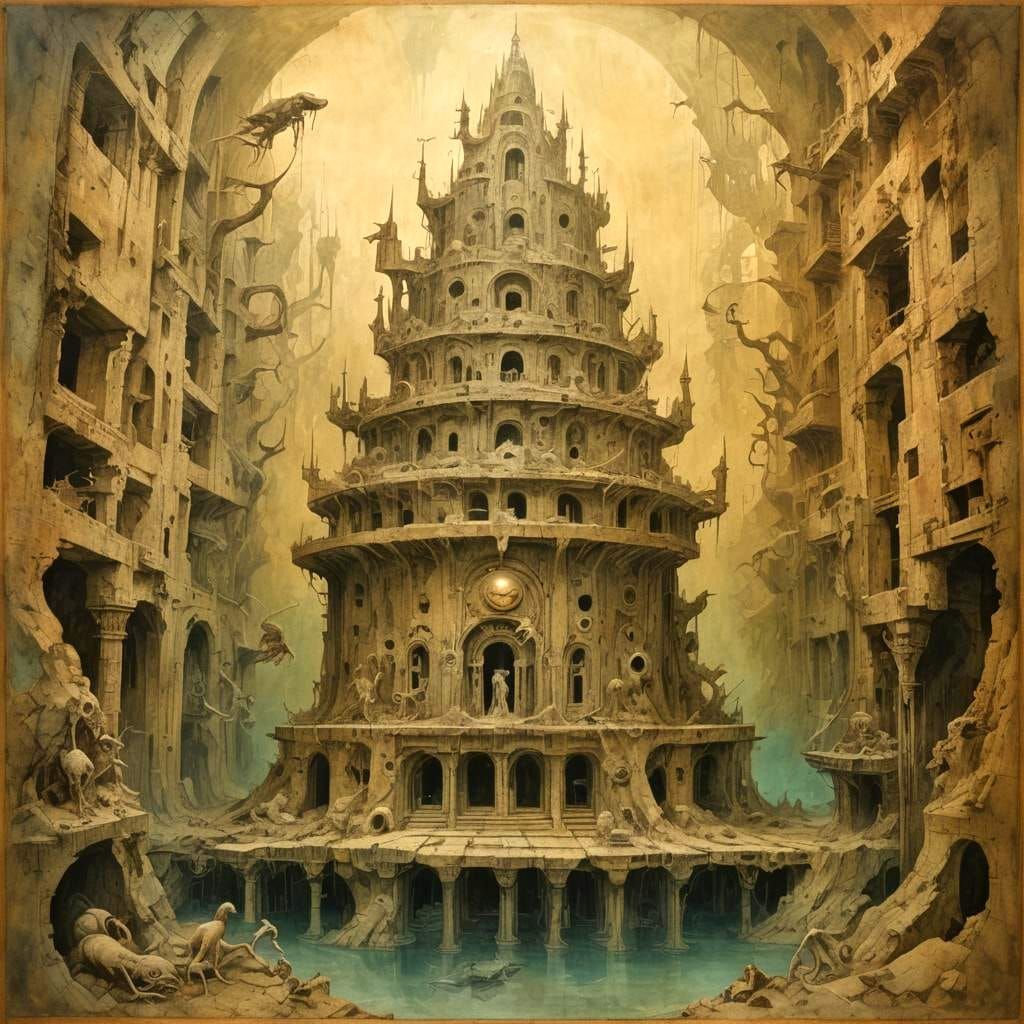 Underwater Cryptid in Brutalist Ruins: Dreamlike Surrealism