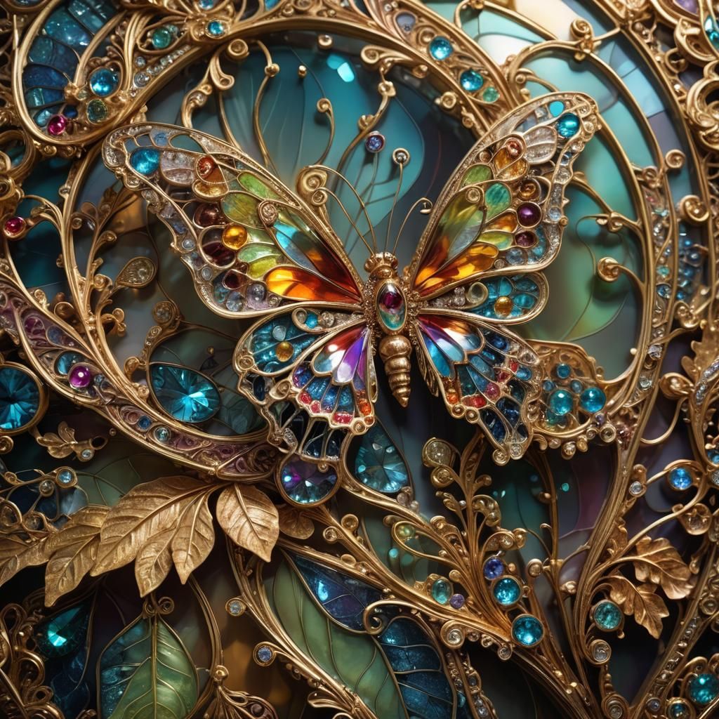 Filigree Butterfly with Gemstones in Surreal Style