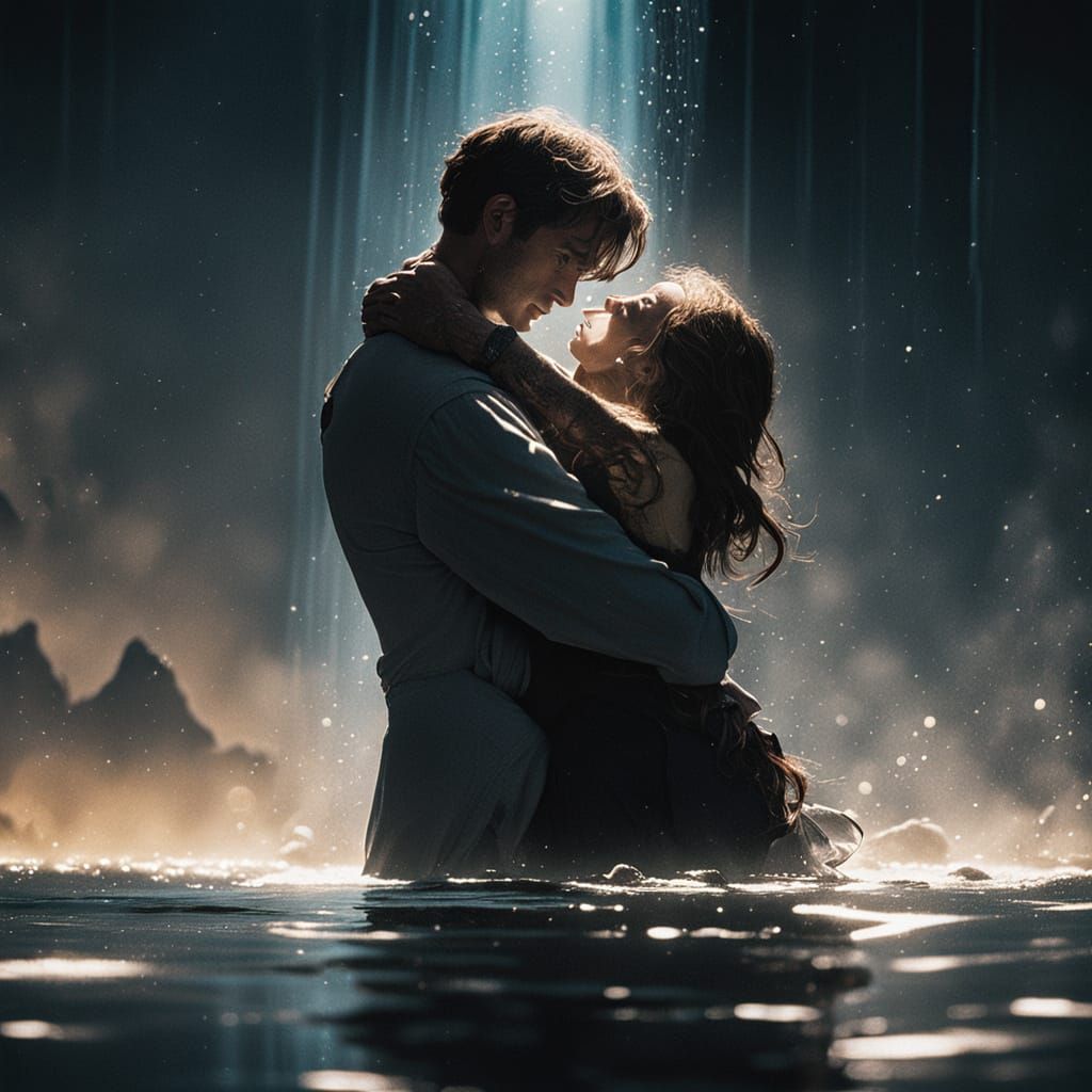 Couple's Intimate Lake Embrace at Sunset