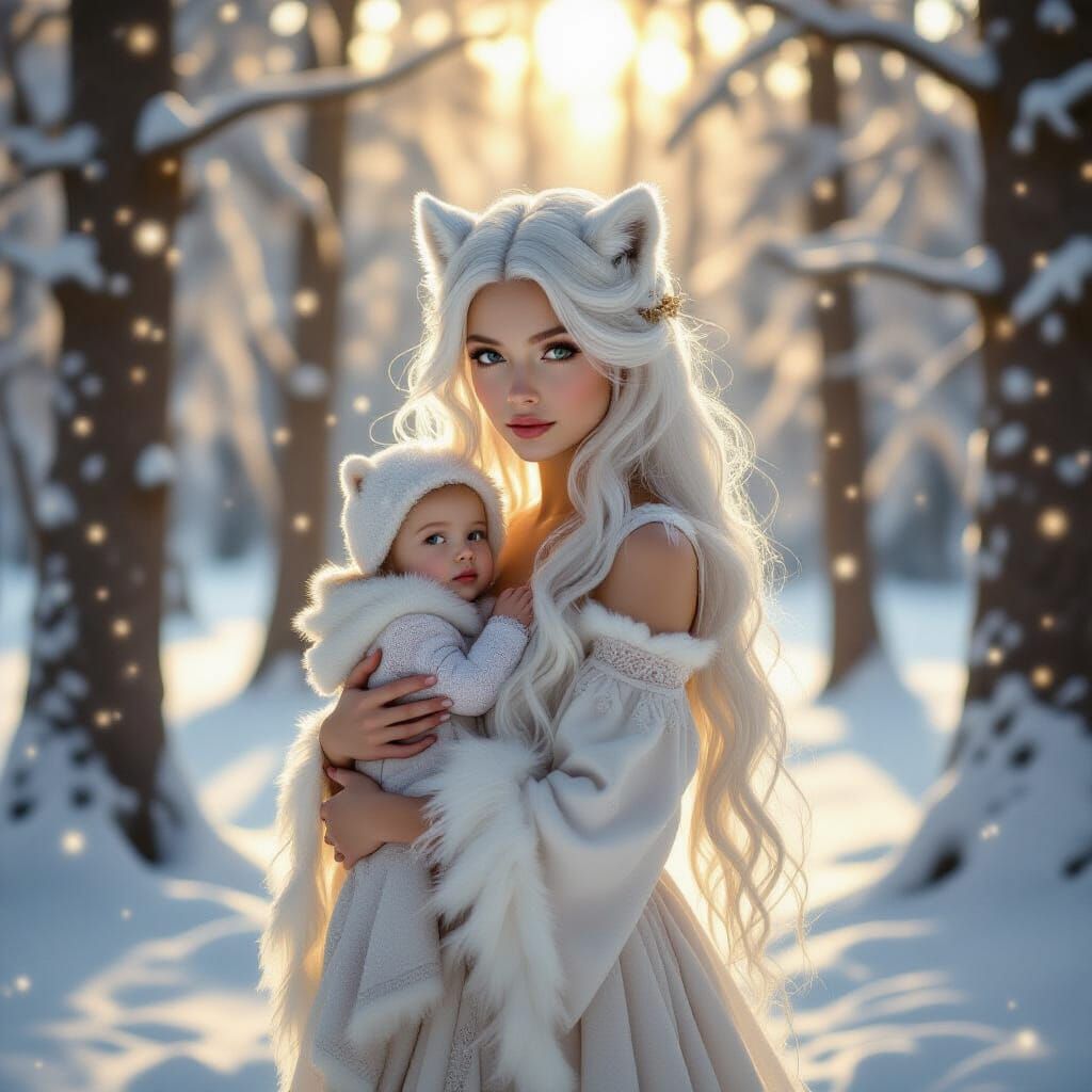 Ethereal Snow Leopard Woman in Enchanted Winter Forest