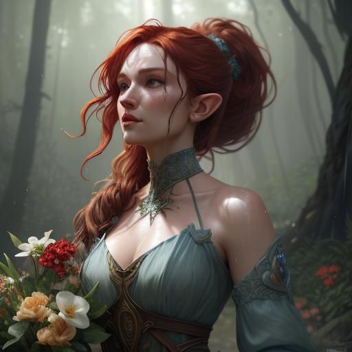 Elven Woman in Rainy Forest, Hyperdetailed Portrait