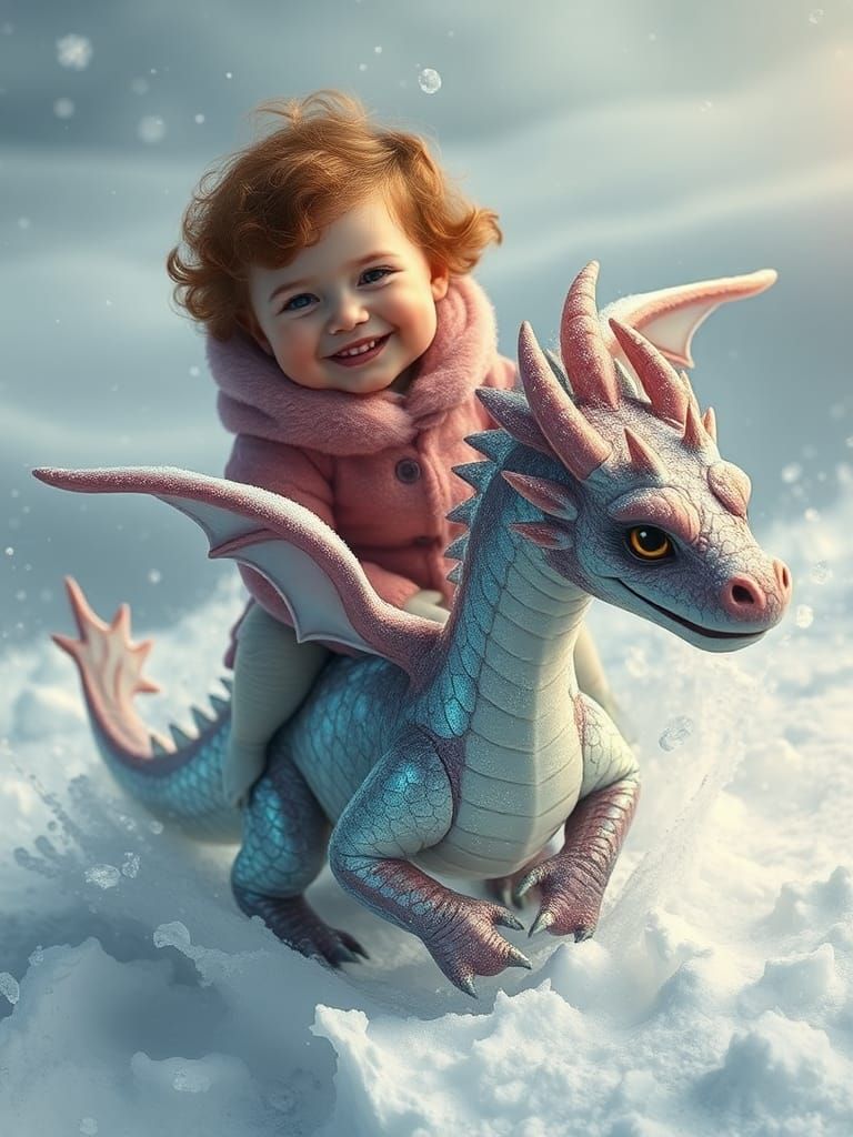 Toddler Rides Ice Dragon in Surreal Winter Scene