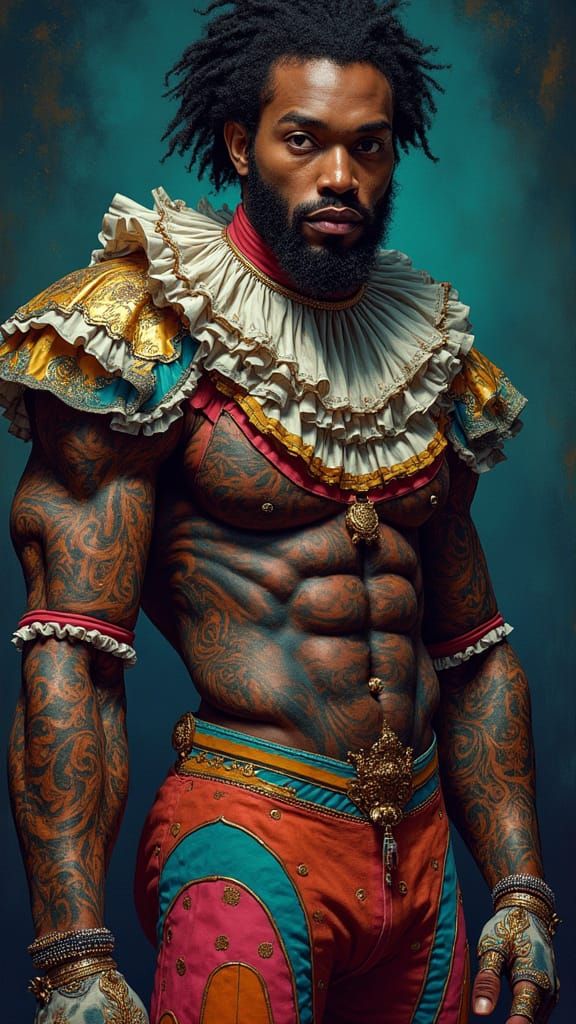 Hyper-Realistic Portrait of a Dapper, Tattooed Man in a Futu...