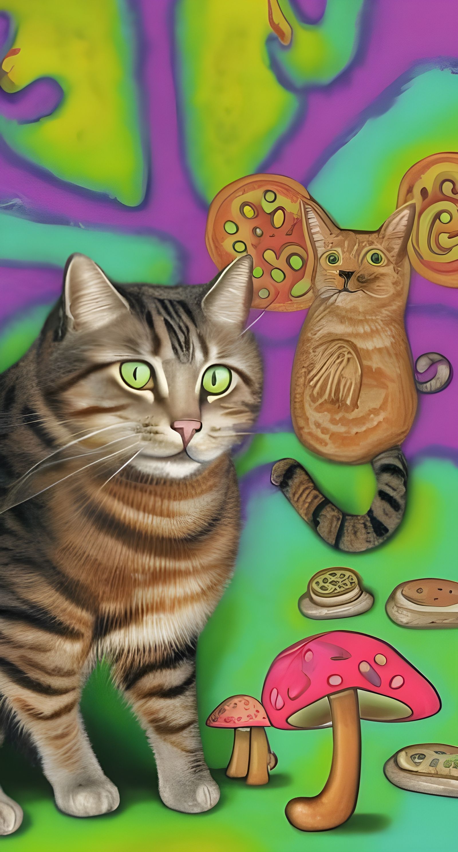 Psychedelic Cat with Mushrooms in a Surreal Scene
