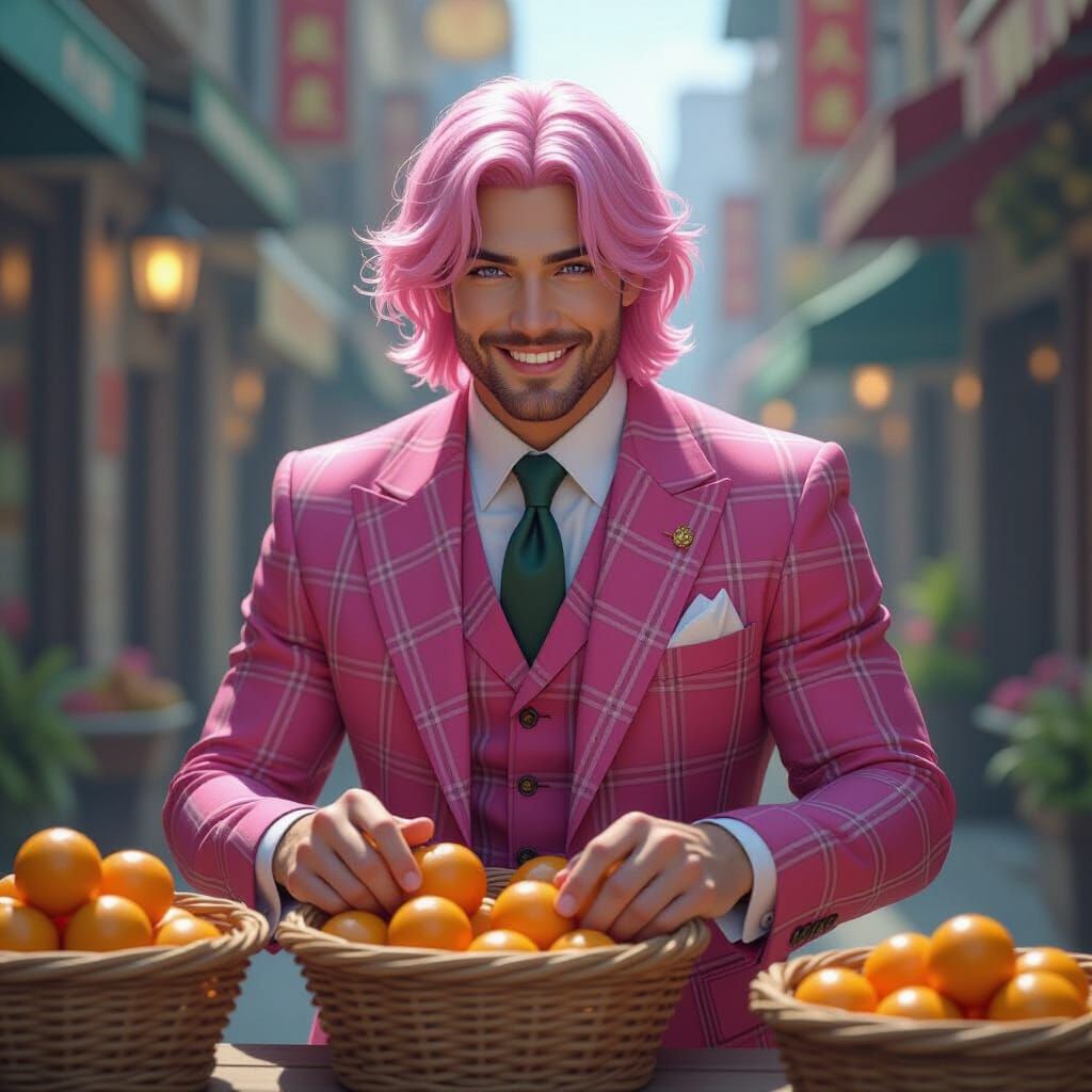 Man in Pink Plaid Suit Packing Food Baskets