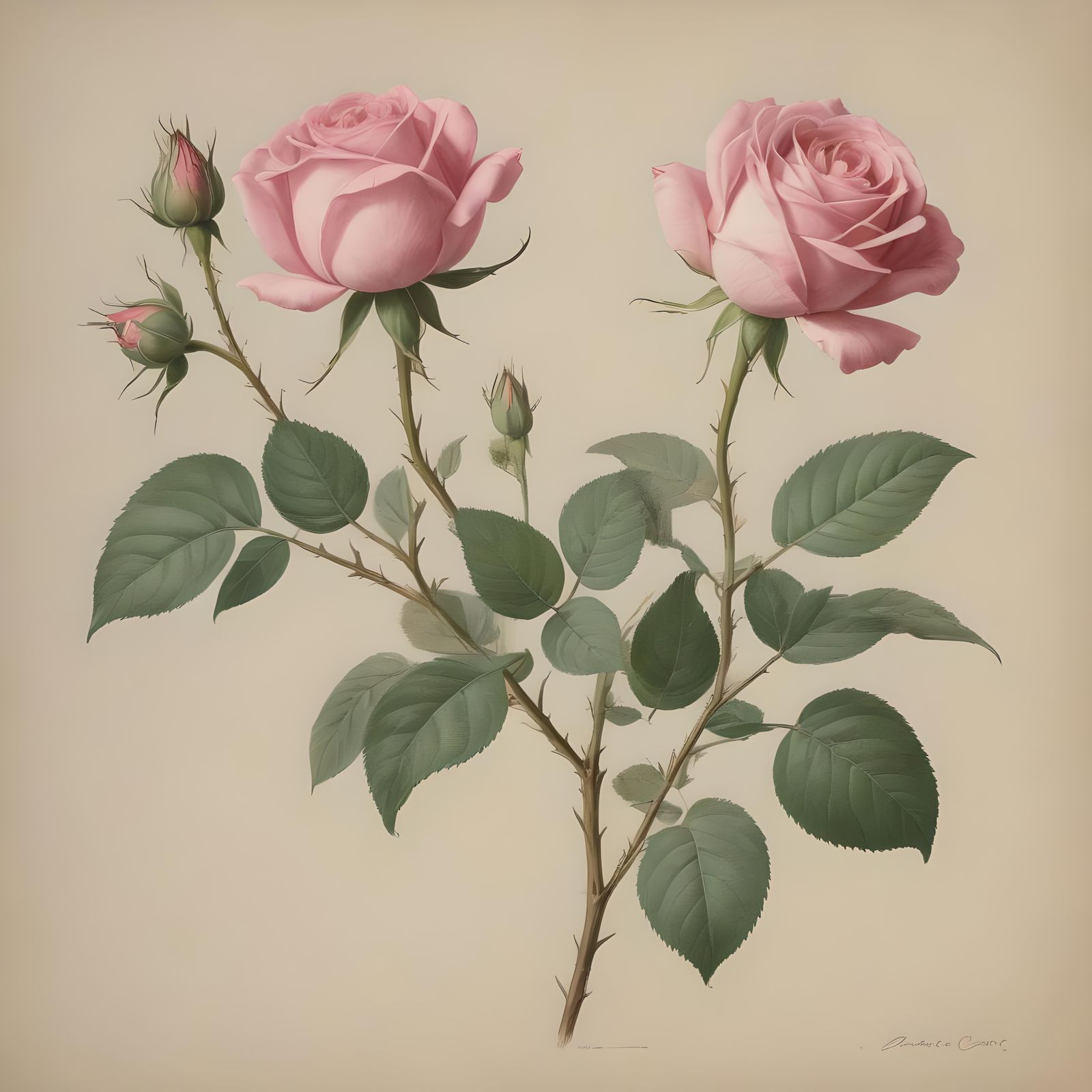 Antique Botanical Drawing of a Pink Rose Stem