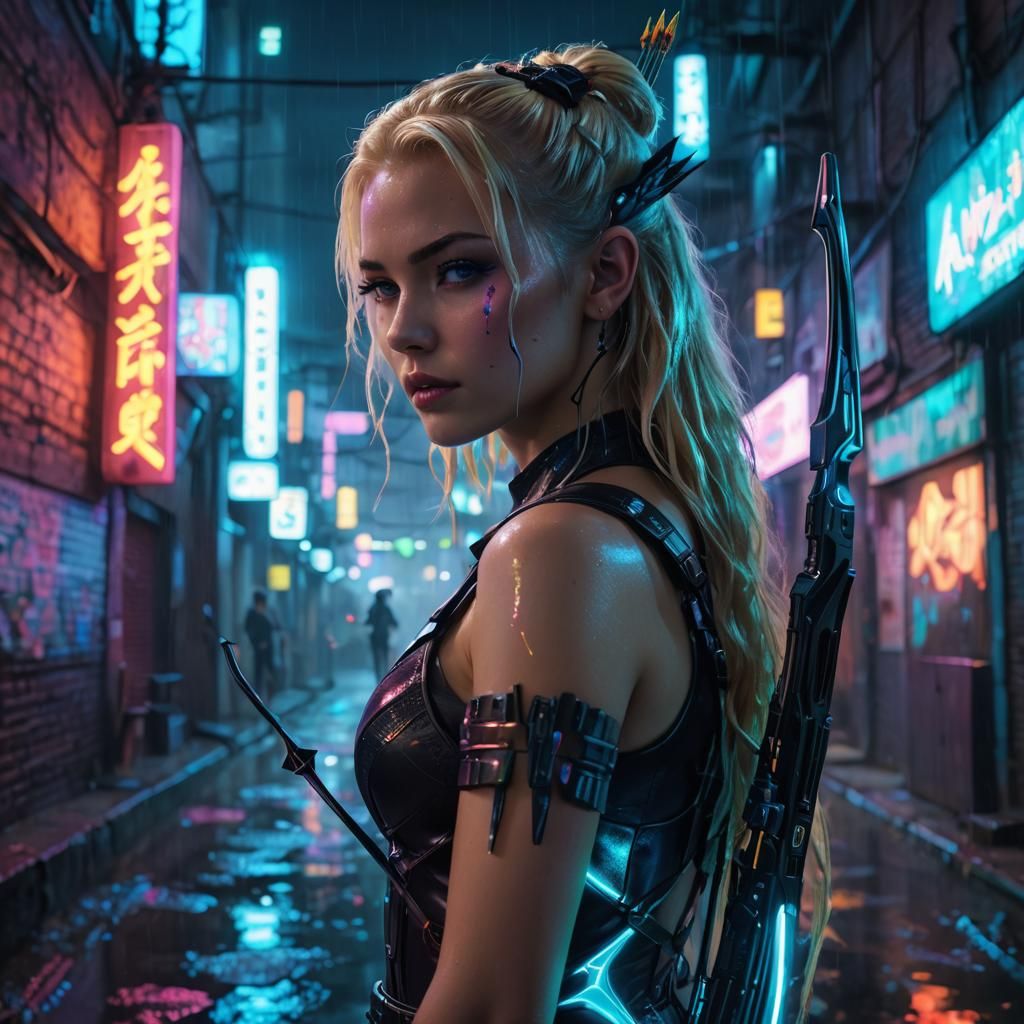 Neon Cyberpunk Archer in Vibrant Oil Painting Style