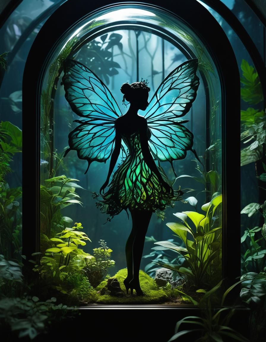 Fairy Silhouette in Terrarium: Detailed Digital Art