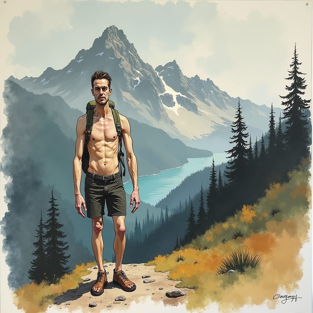 Disfigured Hiker Amidst Breathtaking Mountain View