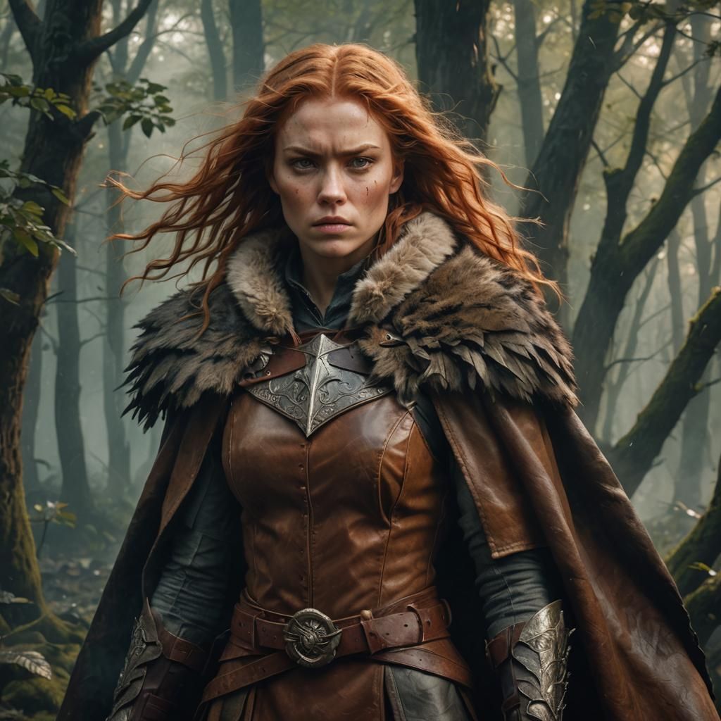 Fierce Woman Warrior in Misty Forest, Fantasy Art