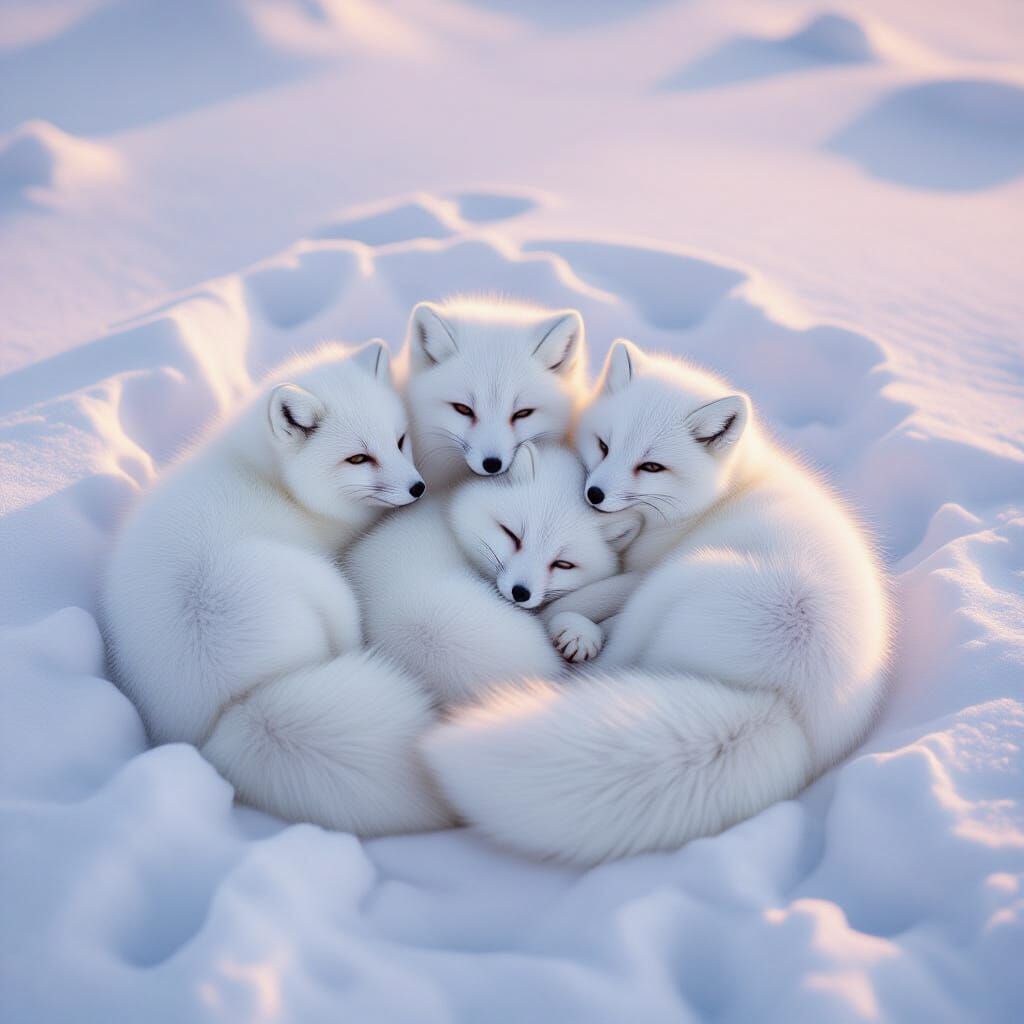 Arctic Fox Kits Curled in Snow