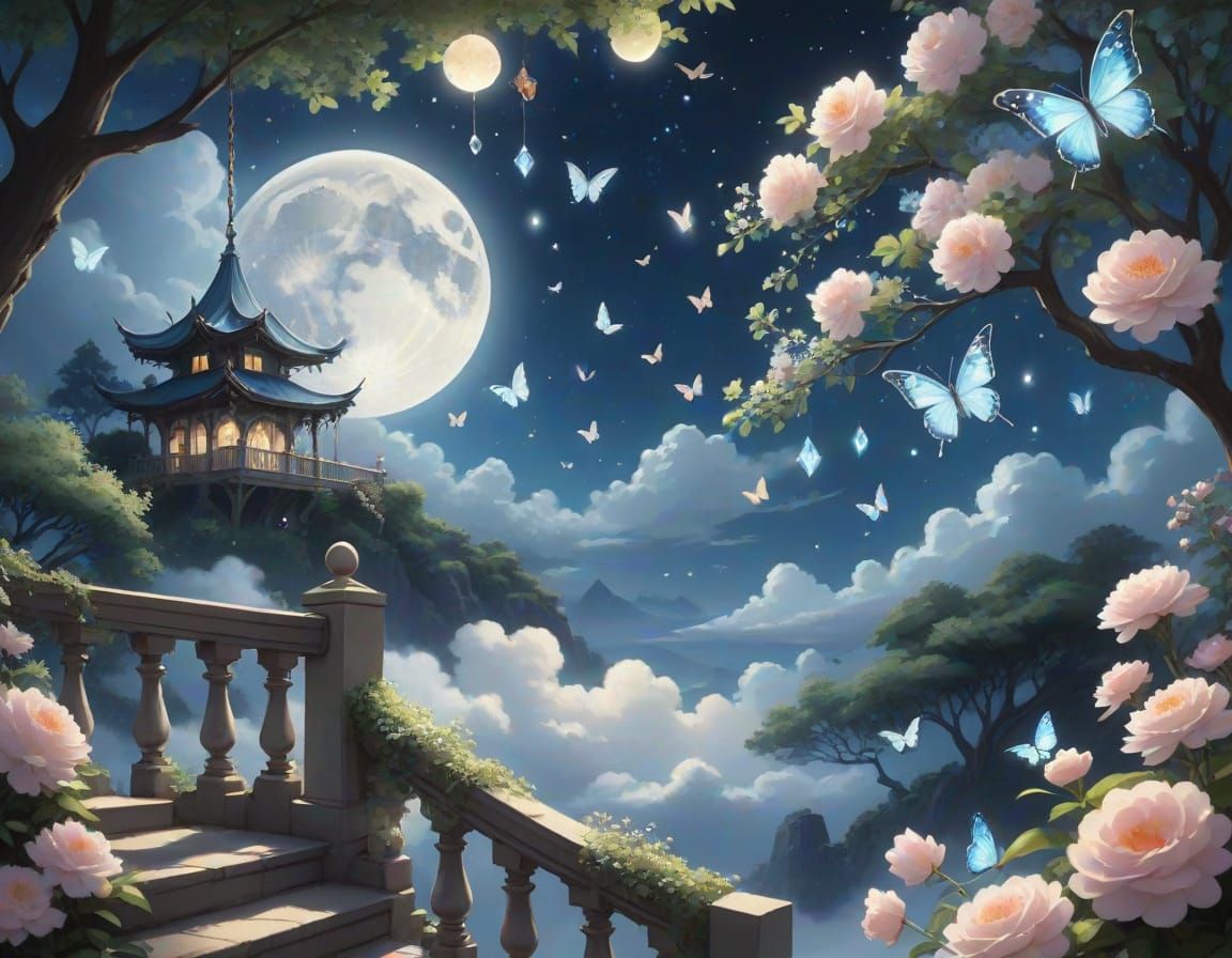 Ethereal Stairs Ascend into Clouds from Lush Garden