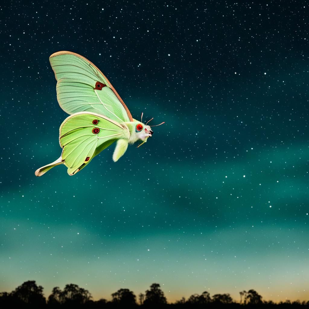 Luna Moth in Flight at Night