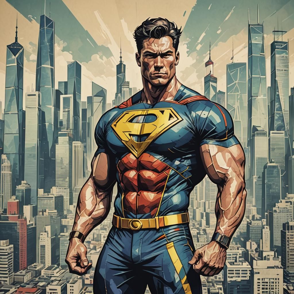 Superhero in Pop Art Style Stands Before Pudong