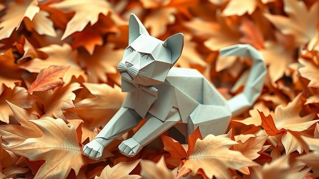 Origami Cat Plays in Paper Leaves