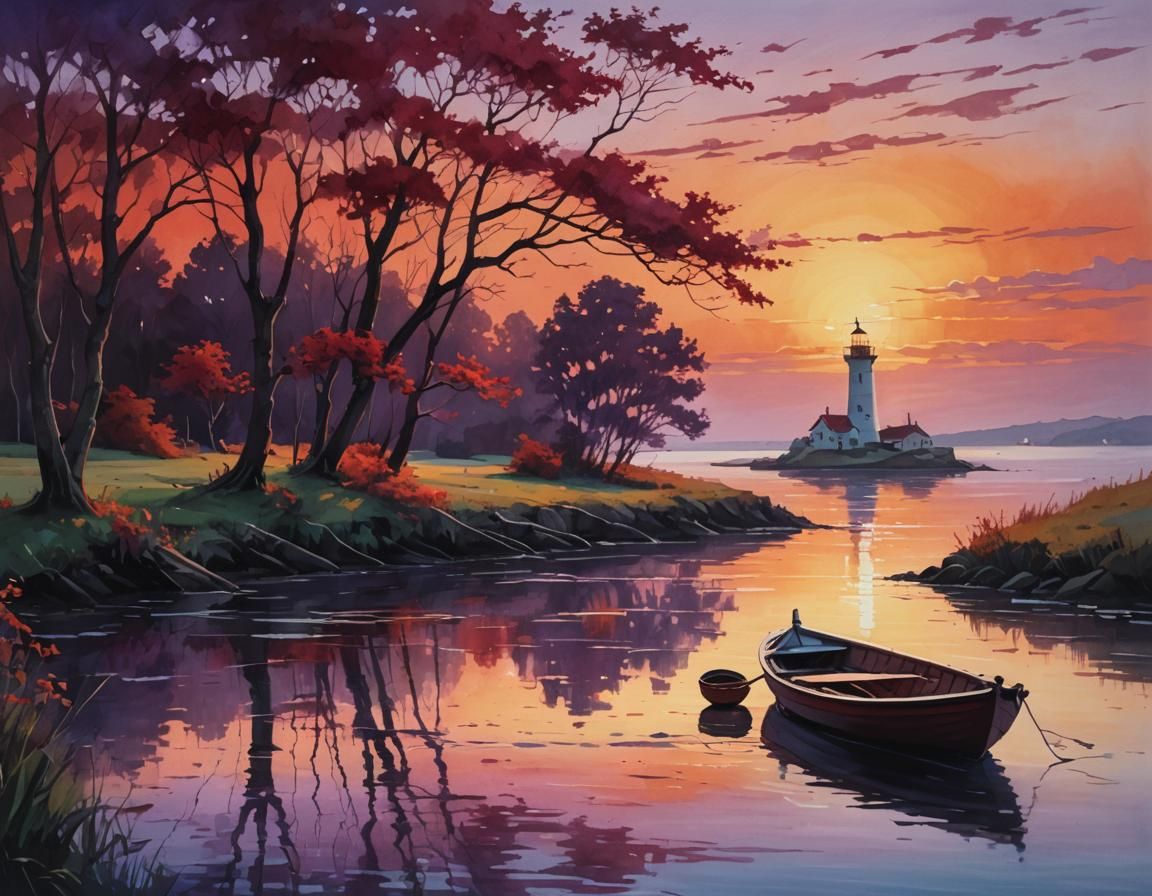 Ethereal Sunset Rowboat Scene with Lighthouse