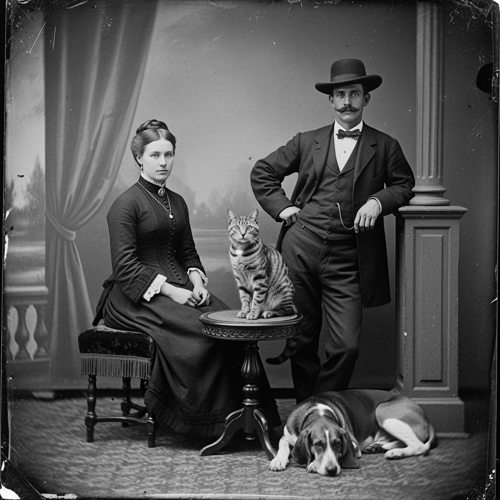 Tintype Photograph of Woman, Gambler, Cat and Dog