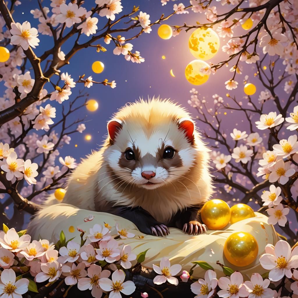 Glowing Ferret in Blossoms and Moons: Fauvist Anime Art