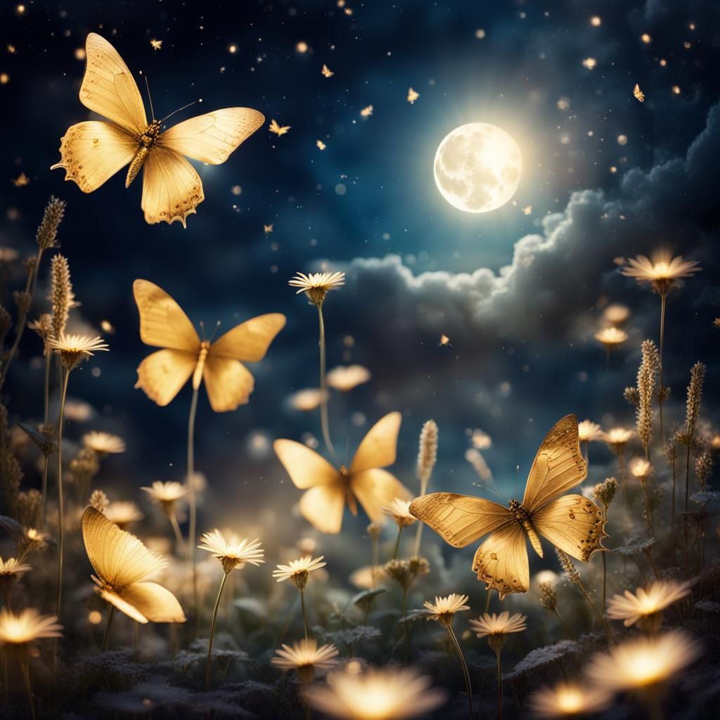 Moonlit Garden with Golden Butterflies