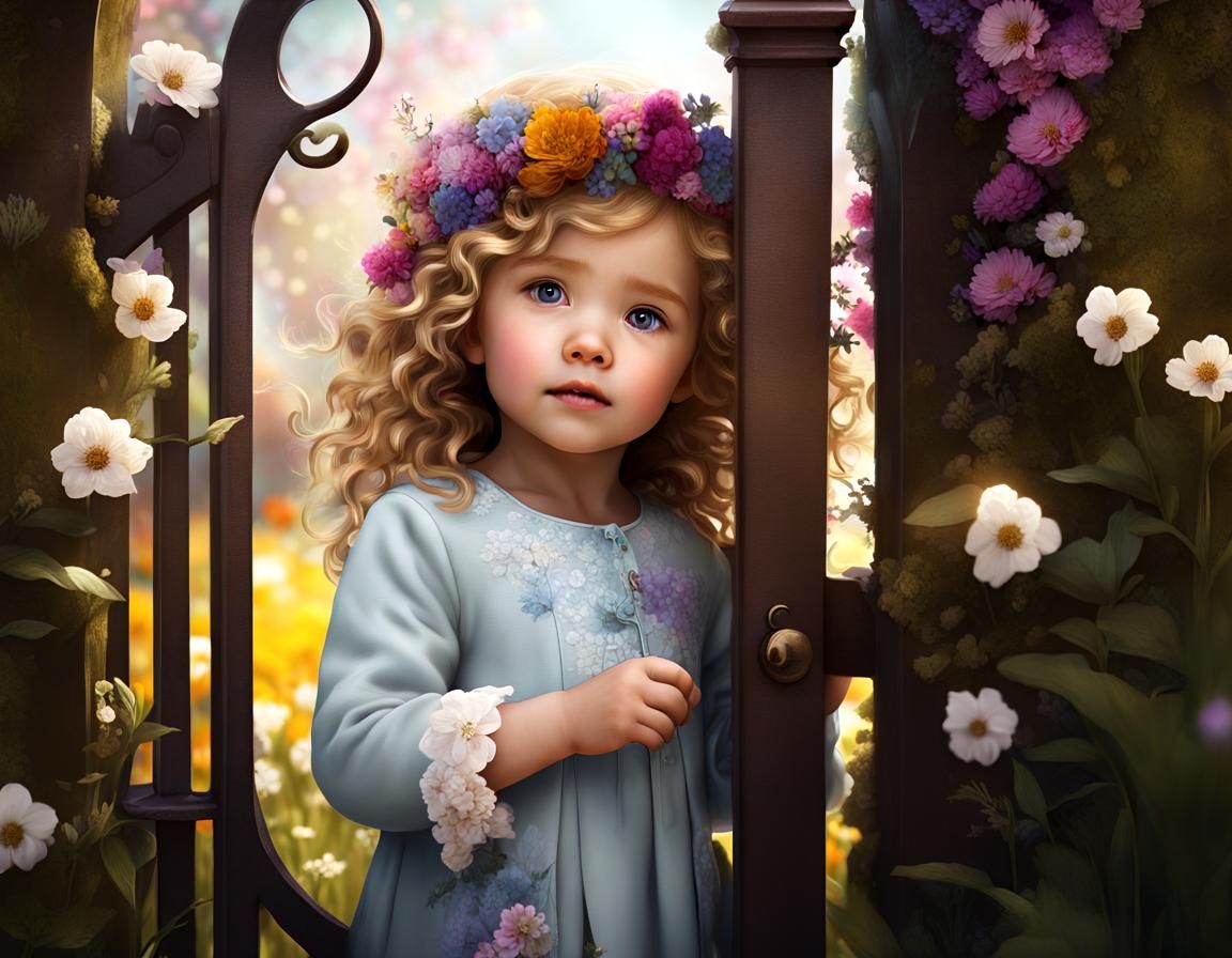 Toddler in Flower Garden, Digital Art Portrait