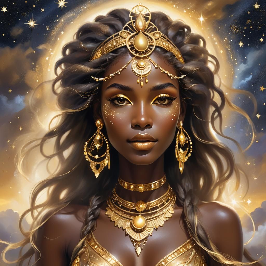Radiant African Goddess Portrait in Ethereal Oil Painting