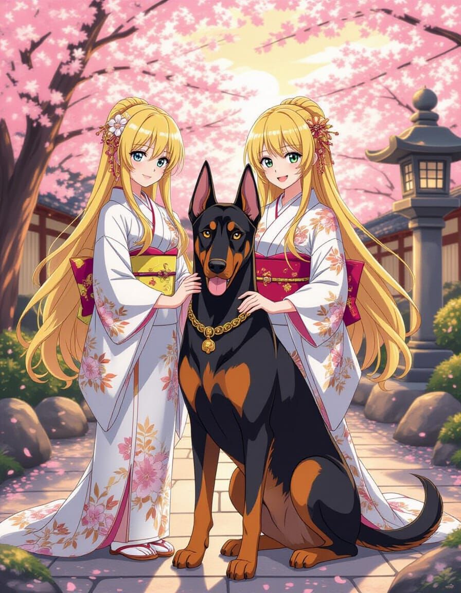Anime Duo: Woman and Doberman in Matching Outfits