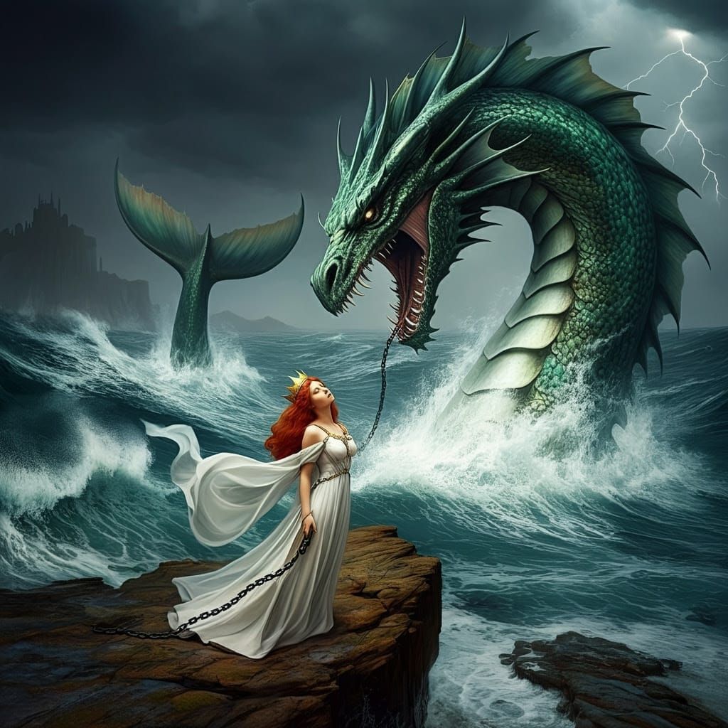 Regal Princess Bound by Sea Monster in Dramatic, Mythologica...