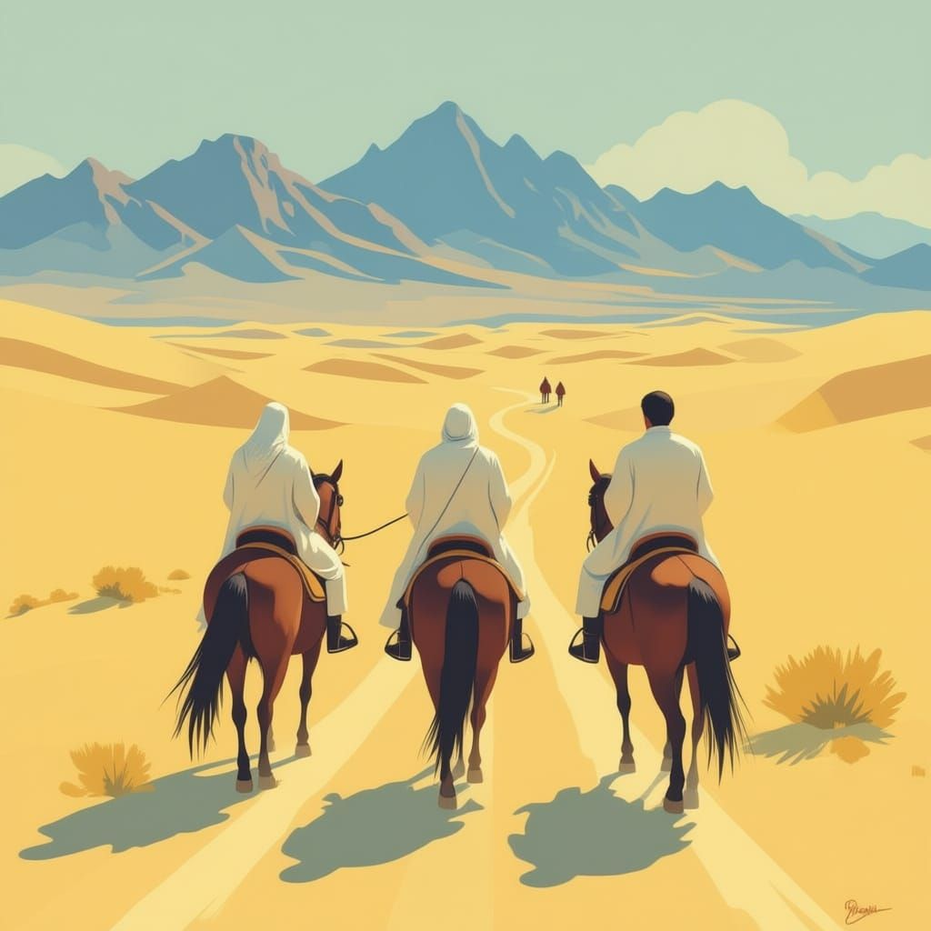 Ethereal Desert Scene With Riders and Mountains