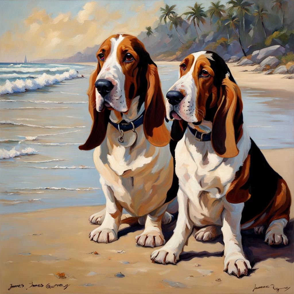 Basset Hound Friends at the Beach as Oil Painting