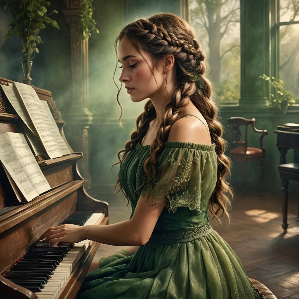 Woman Plays Piano: Fantasy Matte Painting