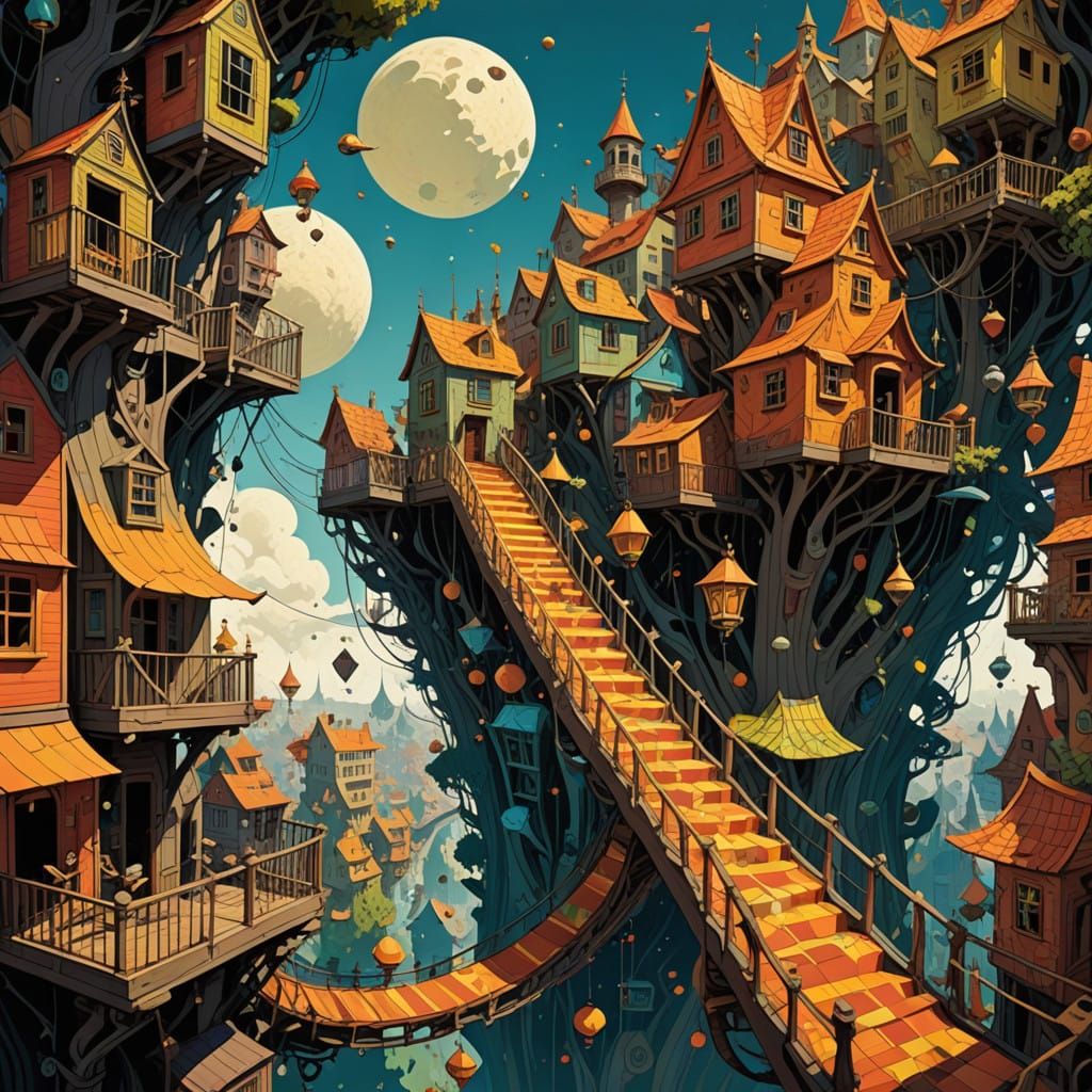 Vibrant City of Twisted Treehouses in Whimsical Escher-Inspi...