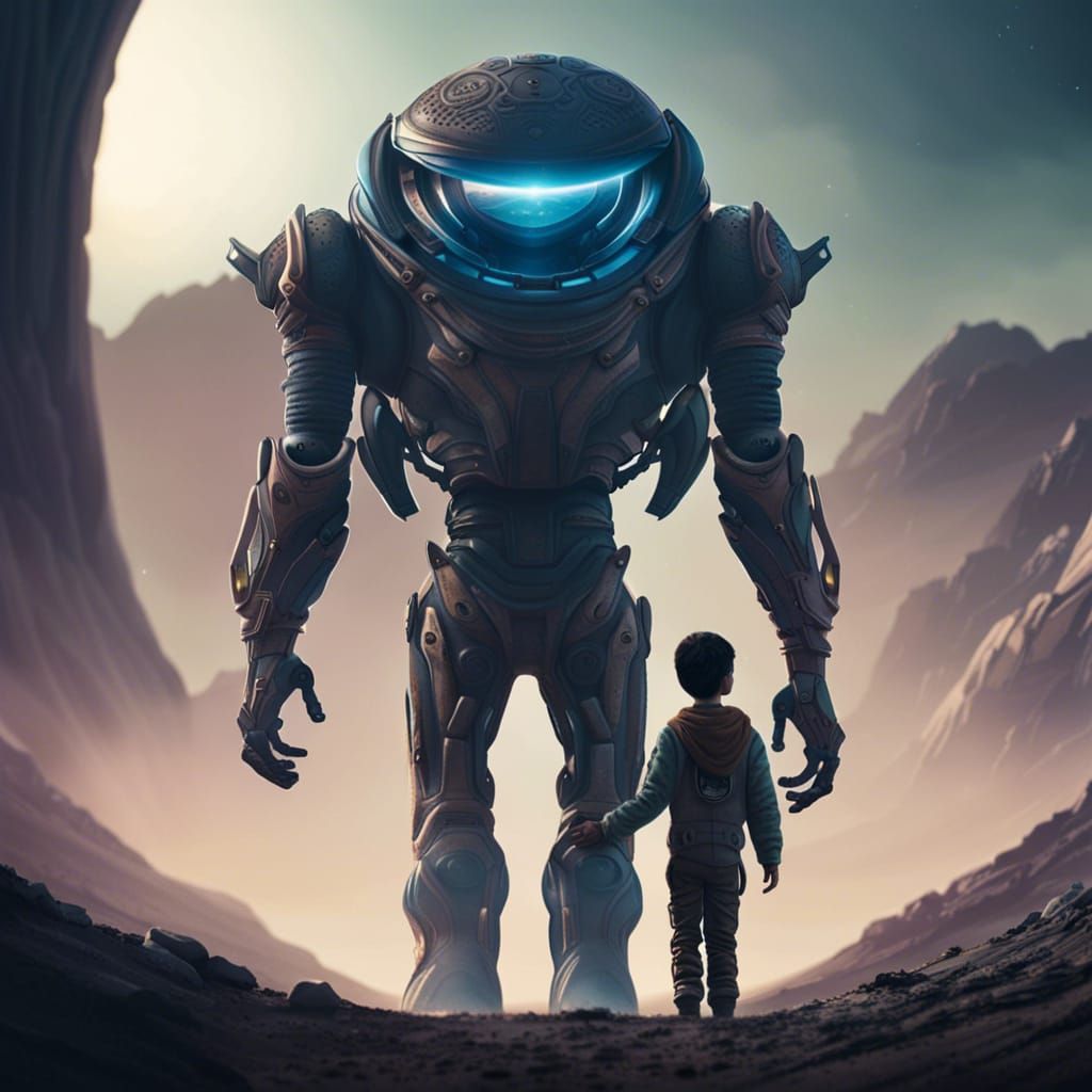 Boy and Robot Holding Hands on Alien Planet