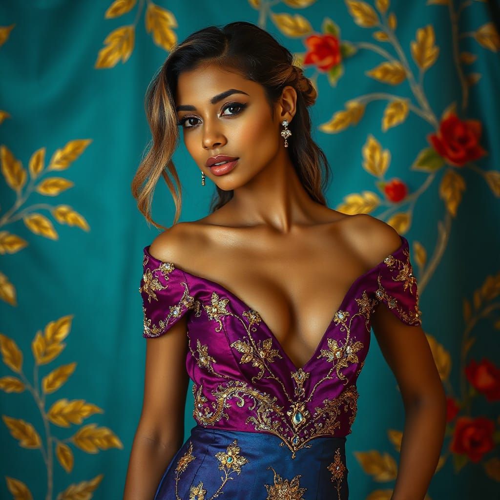 Elegant Latina Woman in Gemstone Gown Portrait