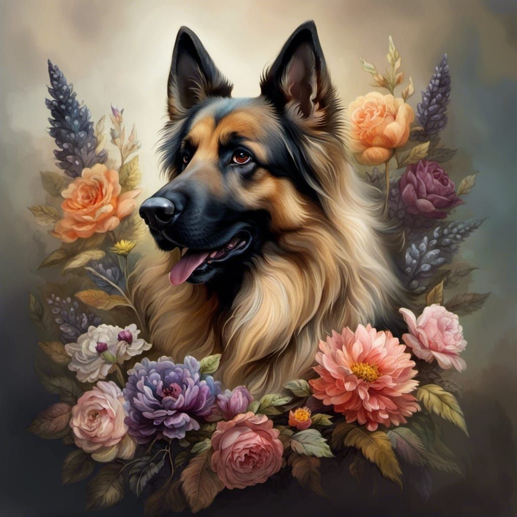 German Shepherd Dog Surrounded by Flowers