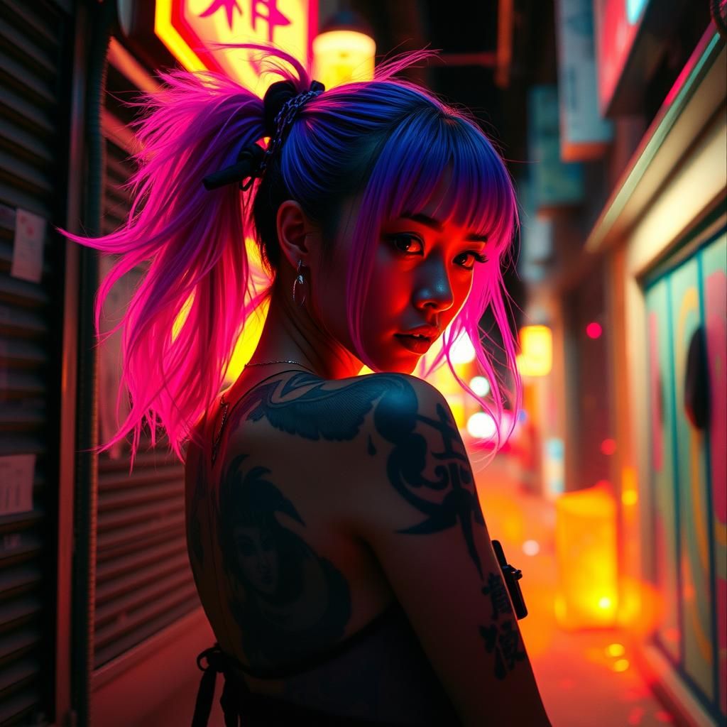 Japanese Rave Girl with Neon Tattoos in Cyberpunk Style