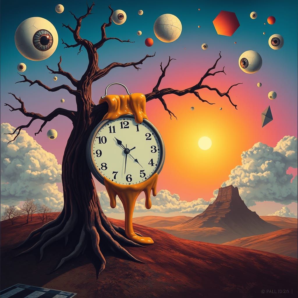 Surreal Melting Clock and Eyeball Sky
