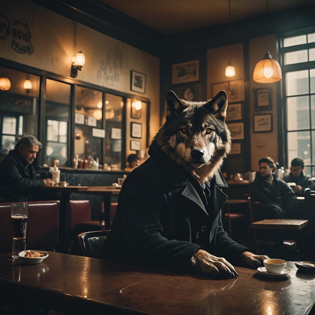 Wolf Humanoid in Dimly Lit Cafe: Cinematic Still