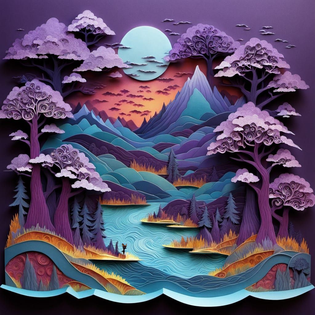Kirigami Fantasy Landscape with Violet Mist