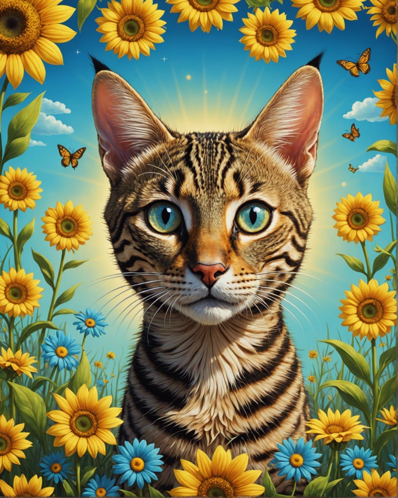 Cute Savannah Cat Sun in Fantasy Garden