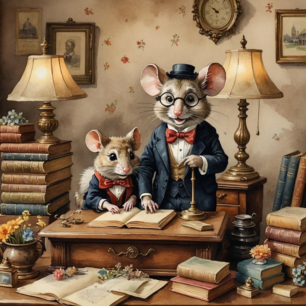 Storybook Mouse Professor in Antique Watercolor Style