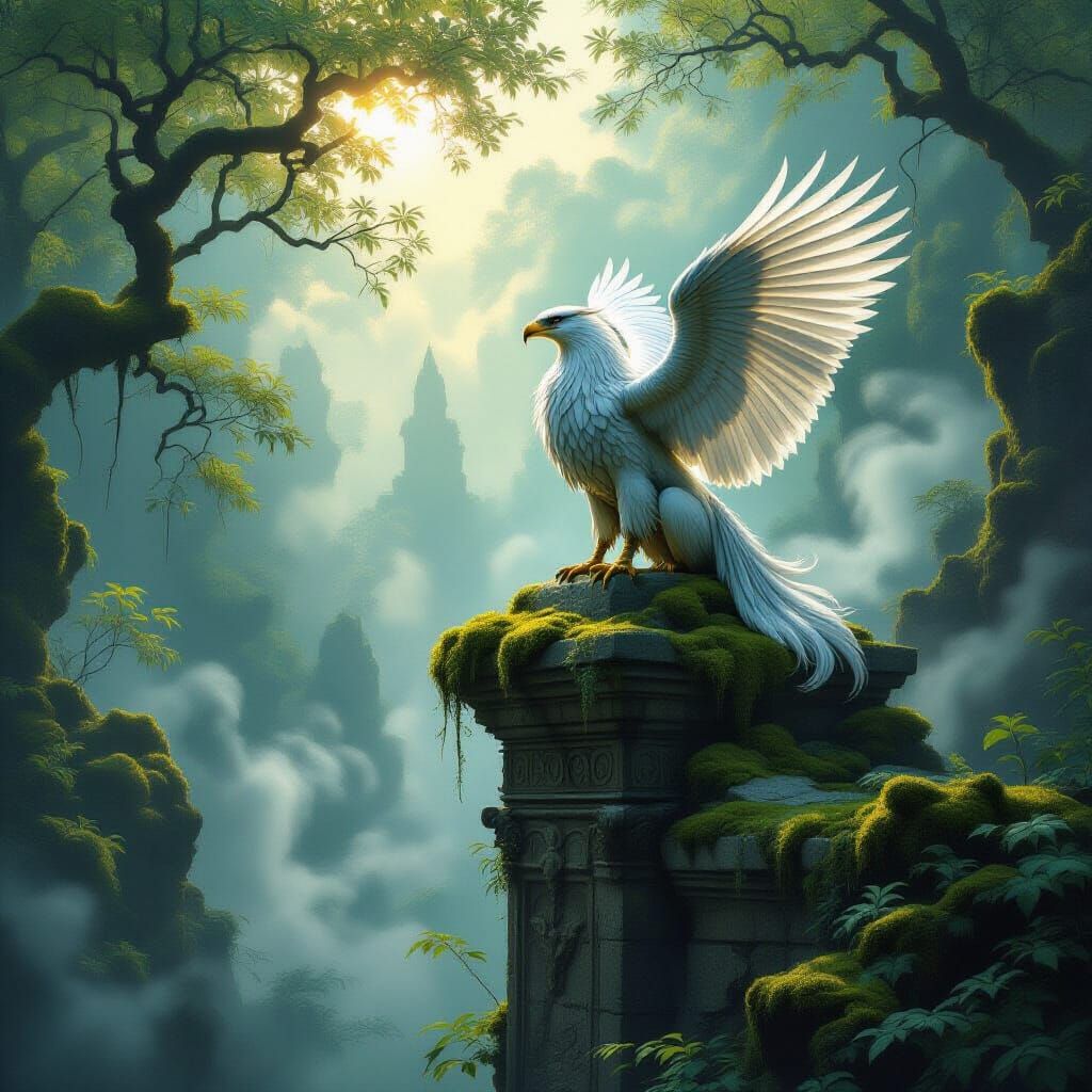 Griffin on Ancient Ruin in Ethereal Forest
