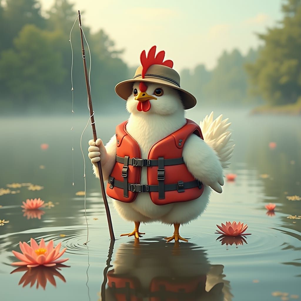 Chicken Angler in Misty Lake: Constable, Hokusai, Nawa Style