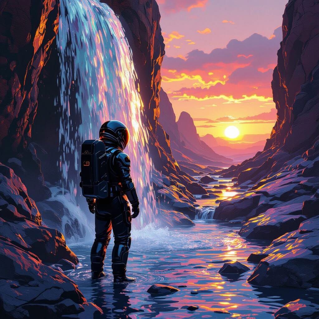 Astronaut Discovering Waterfall on Alien Planet