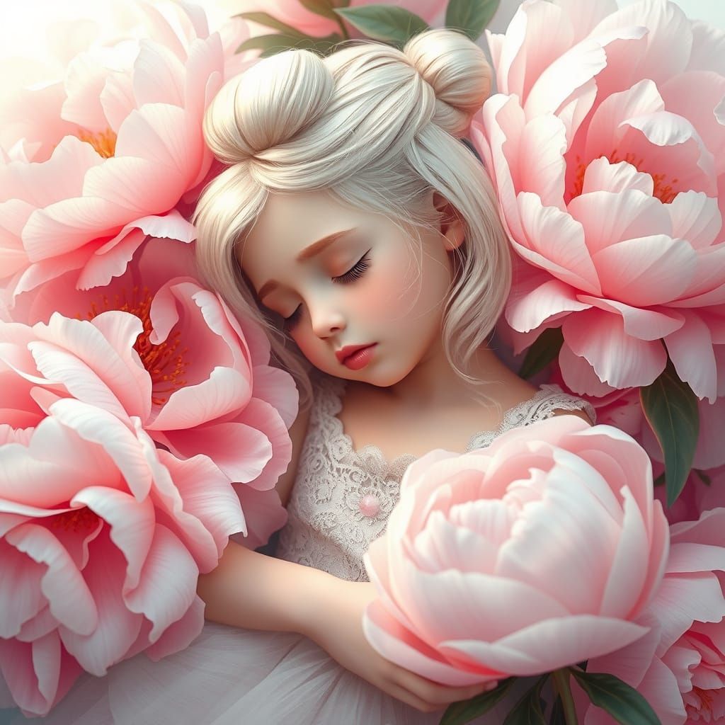 Dreamlike Girl Sleeps Among Giant Pastel Peonies